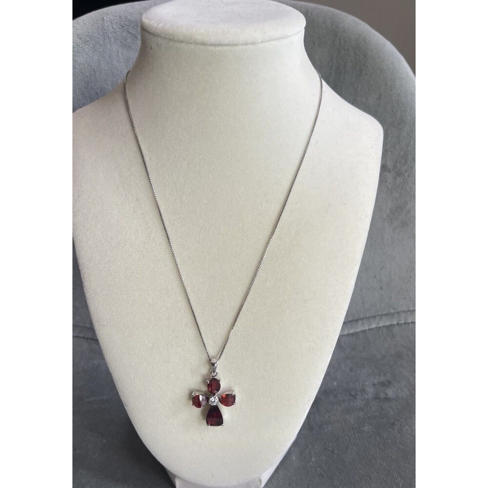 925 Sterling Silver Italy Red Ruby Pear Crystal Cross Pendant Box Chain Necklace